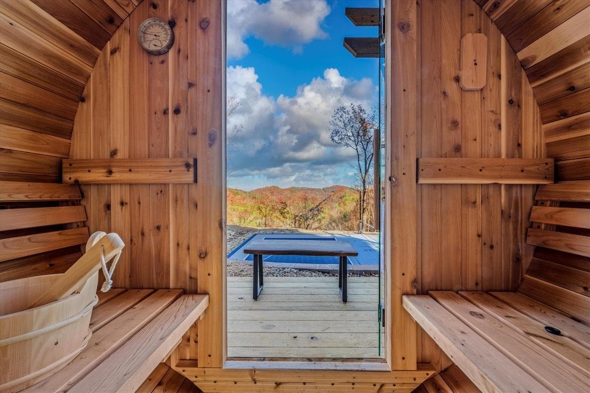 Relax in a redwood barrel sauna while enjoying the scenic mountain views.