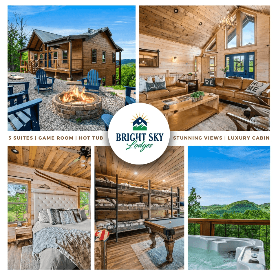 Luxury Cabin within 5 miles of Pigeon Forge Parkway. Features three king suites, mountain views, chef's kitchen, hot tub, game room, bunk beds, and fire pit. Fun for the whole family!